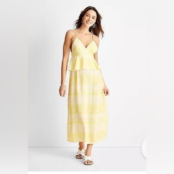 Women floral print midi ruffle strapped yellow dress summer 18 future collective - Picture 1 of 8